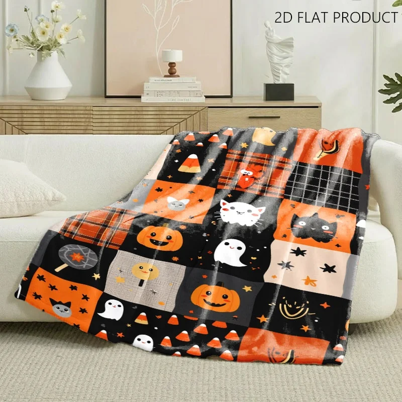 Playful Patchwork Halloween Themed Throw Blanket, Cute Cartoon Pumpkin Black Cat Candy Corn Patterns in Warm Orange Black Tones, Multiple Specifications Available, Cozy Soft Blanket for Lounge Couch Office Napping & Home Decor