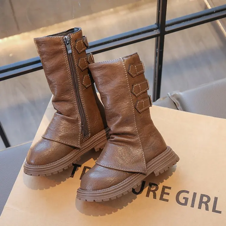 Girls Brown Knee High Boots 2026 Fall Winter New Flat Riding Boots for Kids Faux Fur Lined Tall Boots Non-Slip Side Zipper