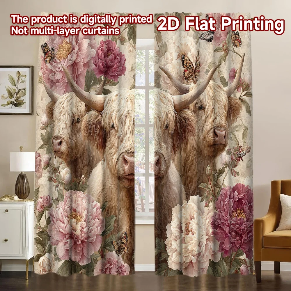 2D FLAT PRINTING 2pcs Curtains (Without Rod) Farm Animals and Flowers Print Chic Curtains Versatile Polyester Fabric Curtains