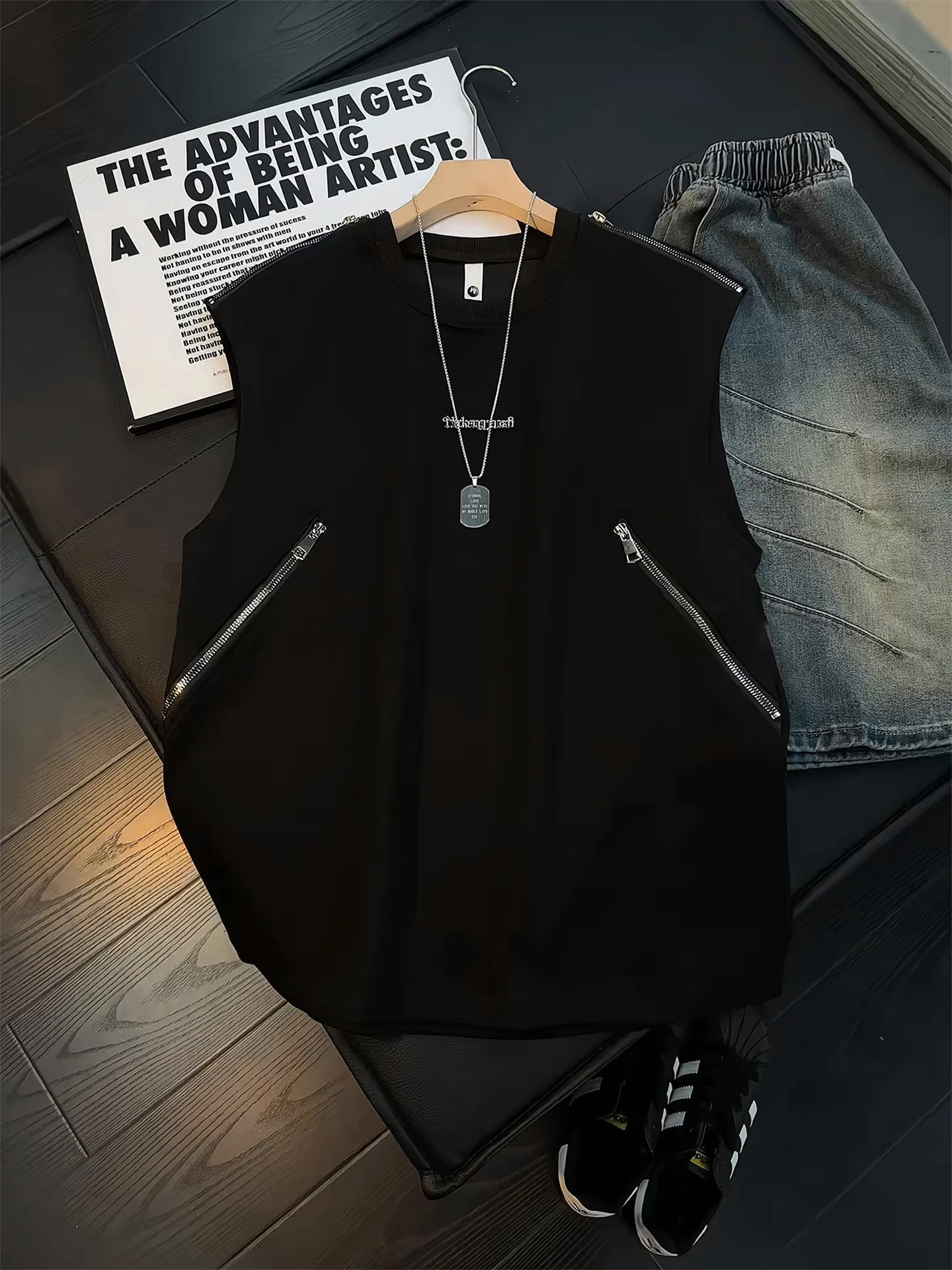 American Retro Black Zipper Metal Deconstruction Vest Men's Summer Trendy Brand Handsome Heavyweight Breathable Sleeveless T-...