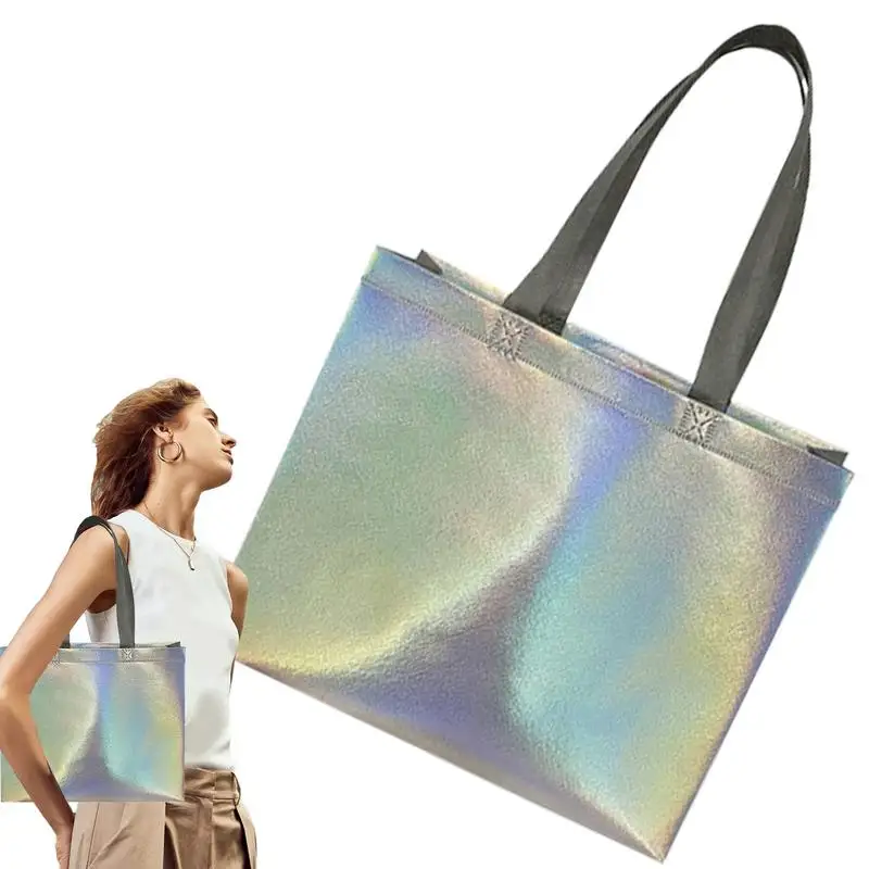 Rainbow Iridescent Bag Non-Woven Glitter Foil Paper Candy Goodie Bag Waterproof Reusable Glossy Welcome Bags For Shopping