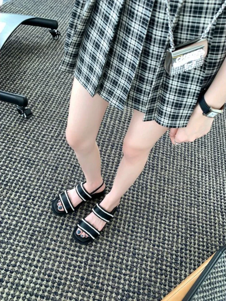 2022 Women\'s Pearl Sandals Female Ankle Buckle Flats Ladies Non Slip Summer Sandalias Mujer Peep Toe Woman Beach Footwear