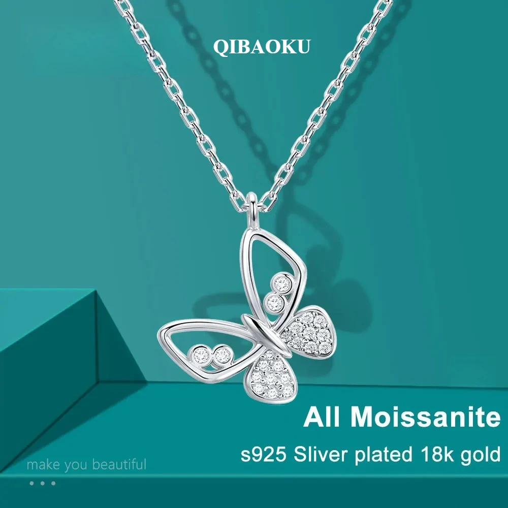QIBAOKU D VVS1 Moissanite Necklace Butterfly Pendant 100% 925 Silver Plated 18k White Anniversary Necklaces for Women Gift 2026