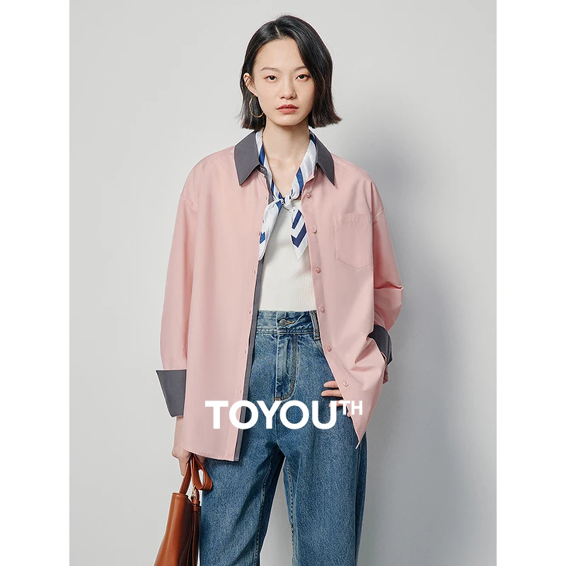 Toyouth Women Shirts 2024 Spring Long Sleeve Polo Neck Loose Blouse Color Blocking Splicing French Elegant Three Colors Tops