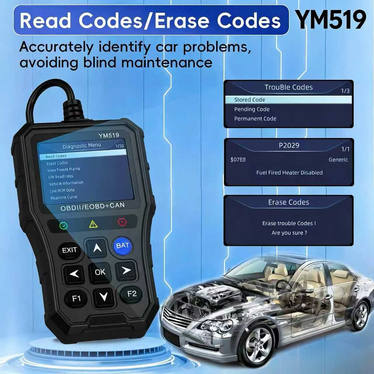 YM519 OBD2 Scanner Car Diagnostic Tool Read/Erase Fault Codes Check Engine Light Live Data OBDII EOBD CAN Automotive Scanner