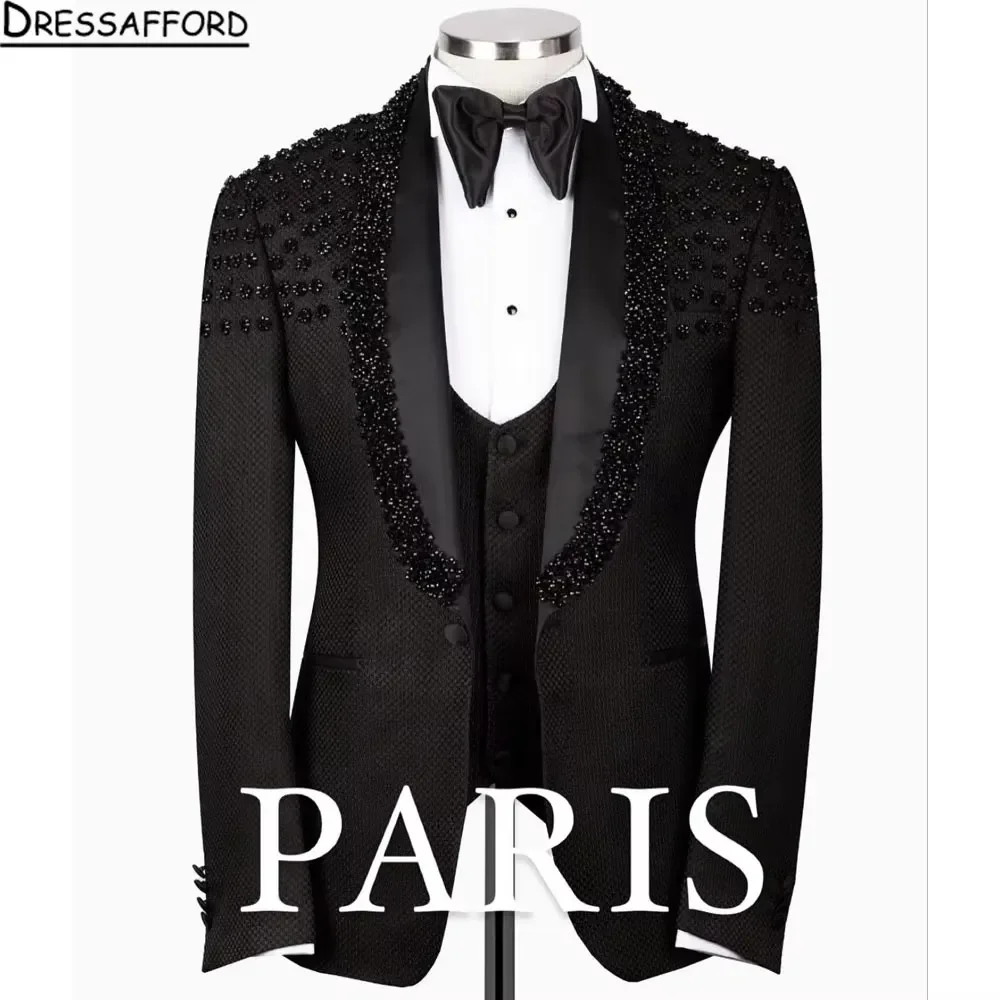 Black Men's Suits Fashion 2 Pieces Sets Groom Prom Blazers Pearls Crystal Decoration Tuxedos Men