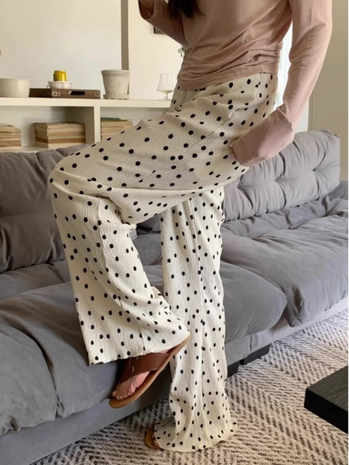 2024 Spring New Polka Dot Wide Leg Pants Women's Casual Loose Slimming Trousers Drapey Folded Floor-Length Commute Sle