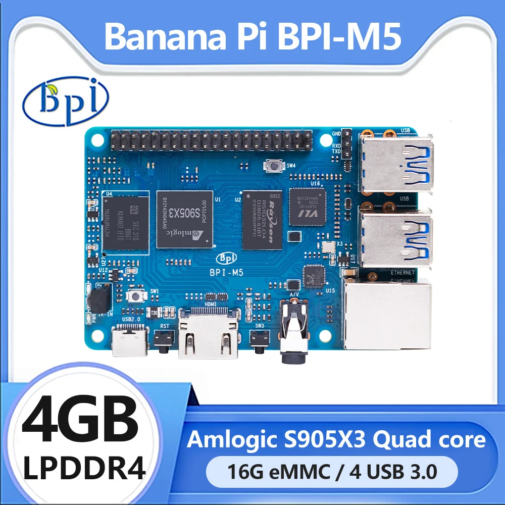 

Banana PI BPI-M5 Amlogic S905X3 Quad Core ARM Mali G31 4GB LPDDR4 RAM 16GB eMMC Flash Support Linux Ubuntu Debian Single Board