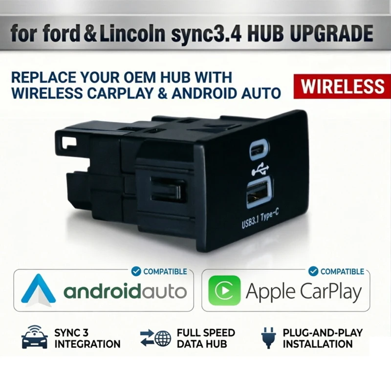 Wireless CarPlay Android Auto For Ford&Lincoln Raptor F150 Mustang Focus Kuga Mondeo Ranger Bronco USB HUB SYNC3.4 HC3Z-19A387