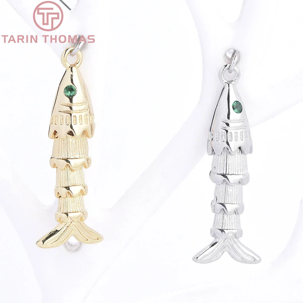 

(9934) 2PCS 10.5x29.5MM 24K Gold Color Brass with Zircon Fish Shaped Pendants High Quality Jewelry Making Findings Accessories