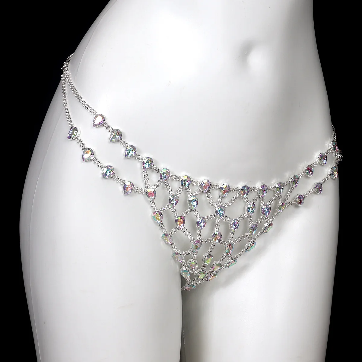 Personalità che scava luce stile di lusso AB reggiseno e biancheria intima con strass colorati in due pezzi Set di gioielli con catena per il corpo