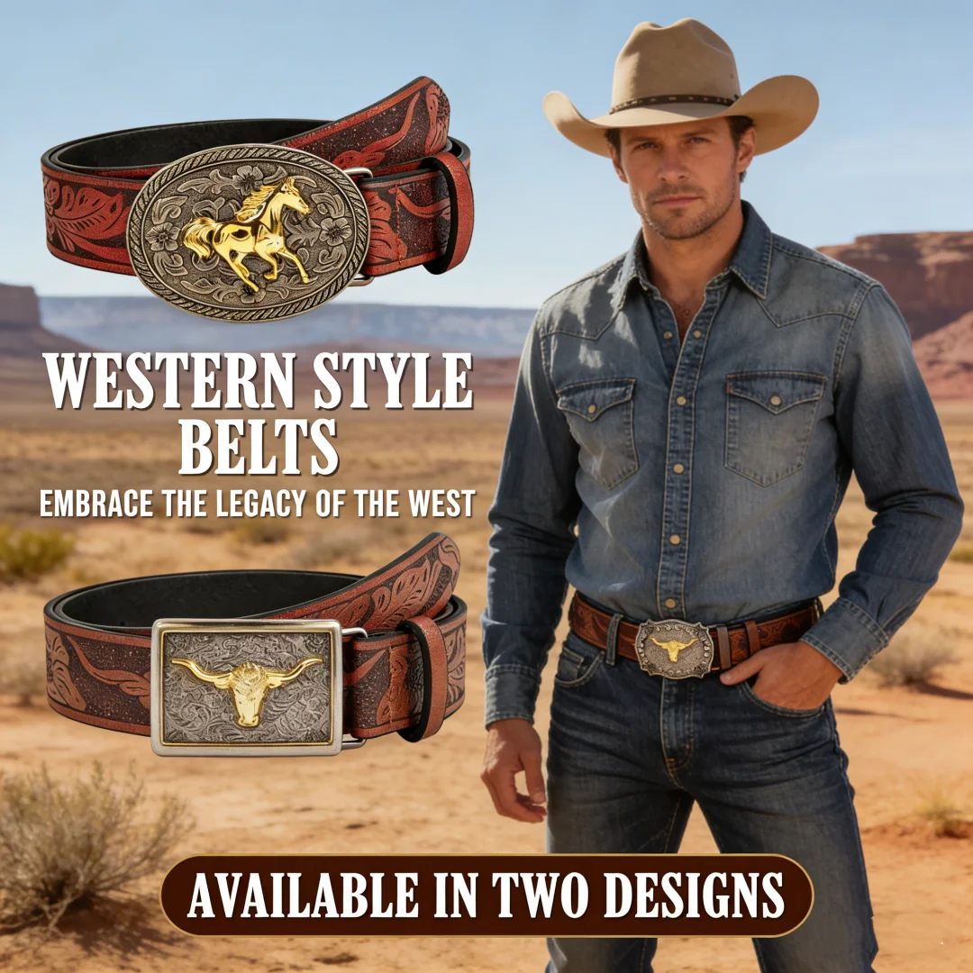 Vintage Western Leather Belt for Men Women Horse Longhorn Bull Buckle Belt Retro Floral Embossed Cowboy Waist Belt for Jeans