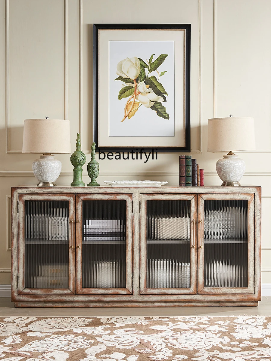 American Solid Wood Sideboard French Retro Living Room Home Home Storage Wall Glass Wine Cabinet Living Room Furniture