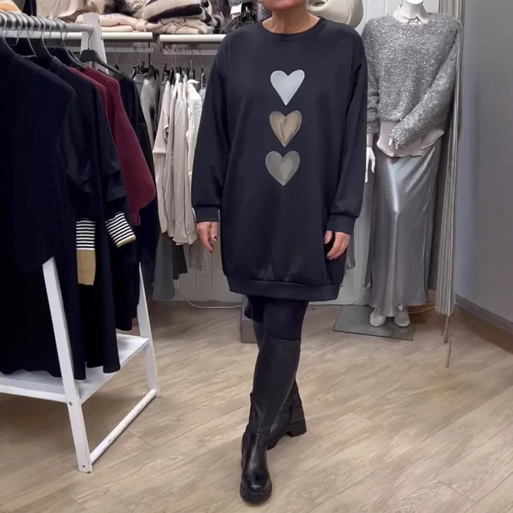 

Повседневная мини-платье с капюшоном и круглым вырезом с длинными рукавами, уличная одежда с тремя сердечками, короткие платья, топы, весенний топ