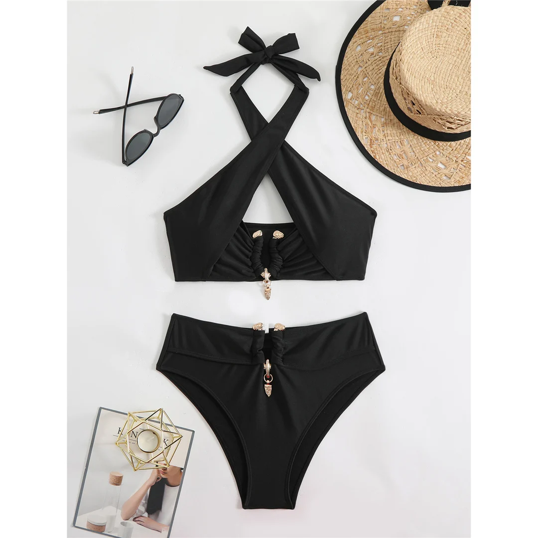 Neuer Neckholder-Bikini mit Cut-Outs und hoher Taille, Damen-Badeanzug, zweiteiliges Bikini-Set, gepolsterter Badeanzug, Badebekleidung, Schwimmbekleidung V6256B – Detail 27