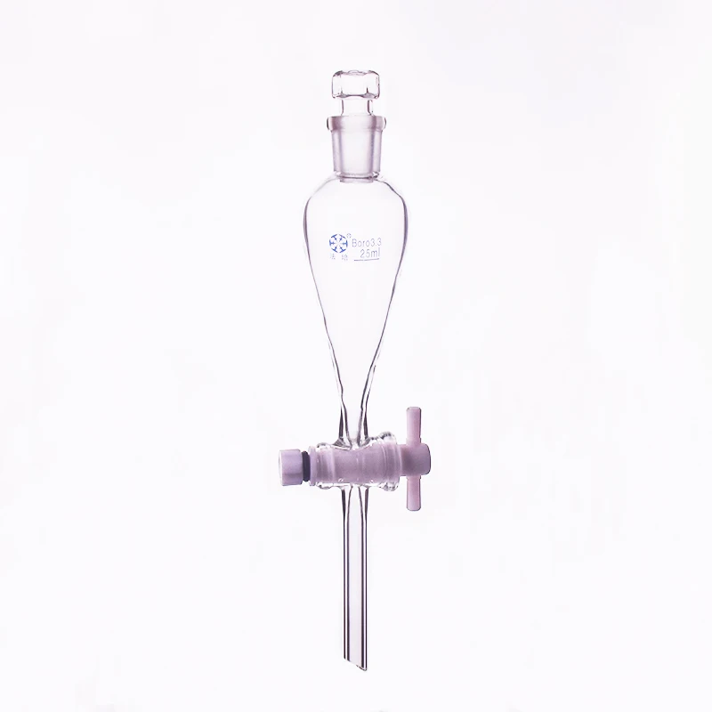 

Separatory funnel pear shape,with ground-in glass stopper and stopcock.Capacity 25mL,PTFE switch valve