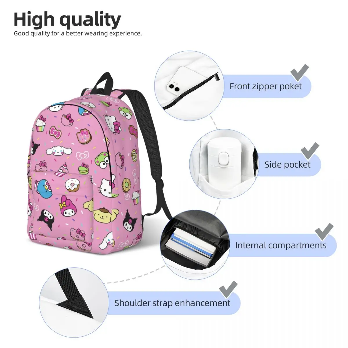 Hello Kitty Kuromi My Melody Backpack Middle High College School Student Cartoon Bookbag Teens Daypack Outdoor