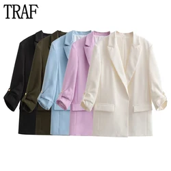 TRAF 2023 Straight Blazer Women 5 Colors Jacket Women Turn Up Sleeve Casual Blazers for Women Streetwear Basics Blazer Woman