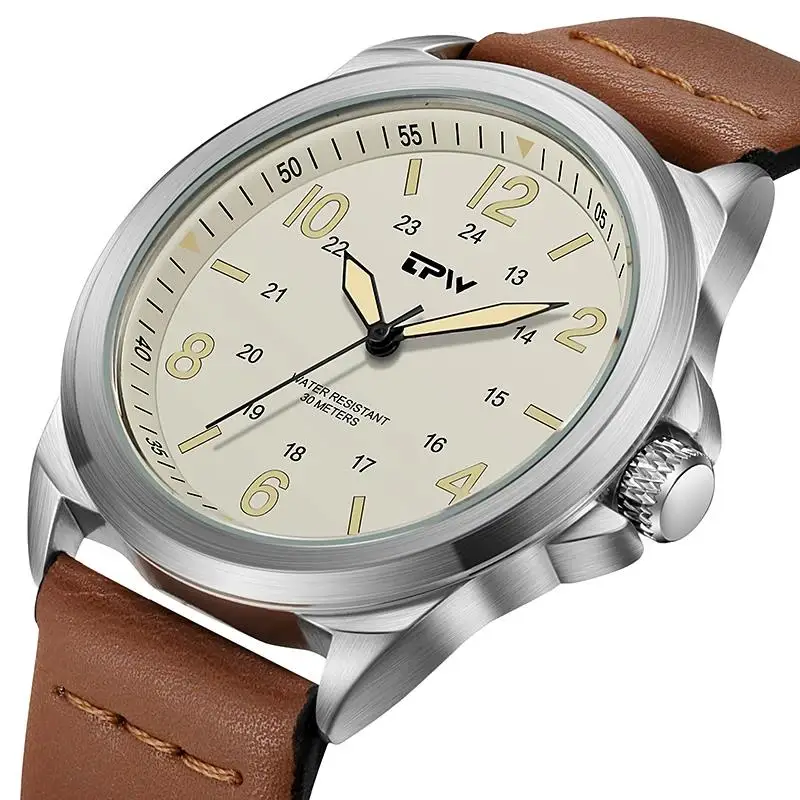 Classic Field Watches Fabric Strap Stitched Leather Band 42mm Men\'s 30M Waterproof Analog Military Top Brand Leather Wristwatch