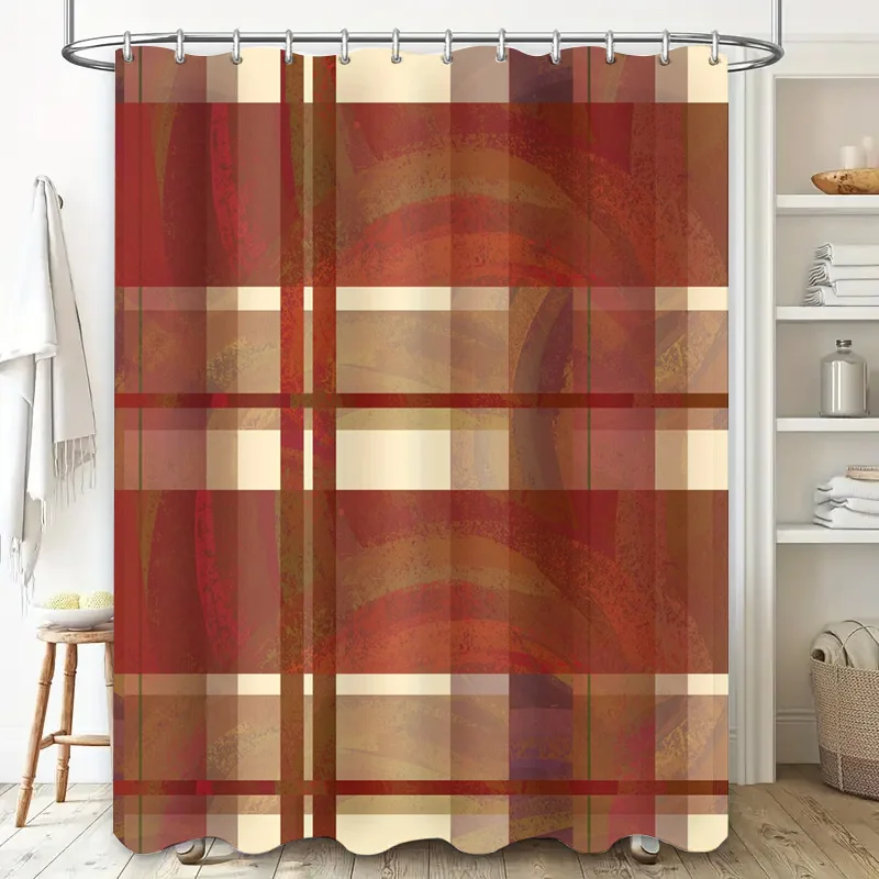 Plaid Shower Curtain Red Gold Beige Striped Bath Decoration Waterproof Bathroom Privacy Divider Available in Multiple Sizes for