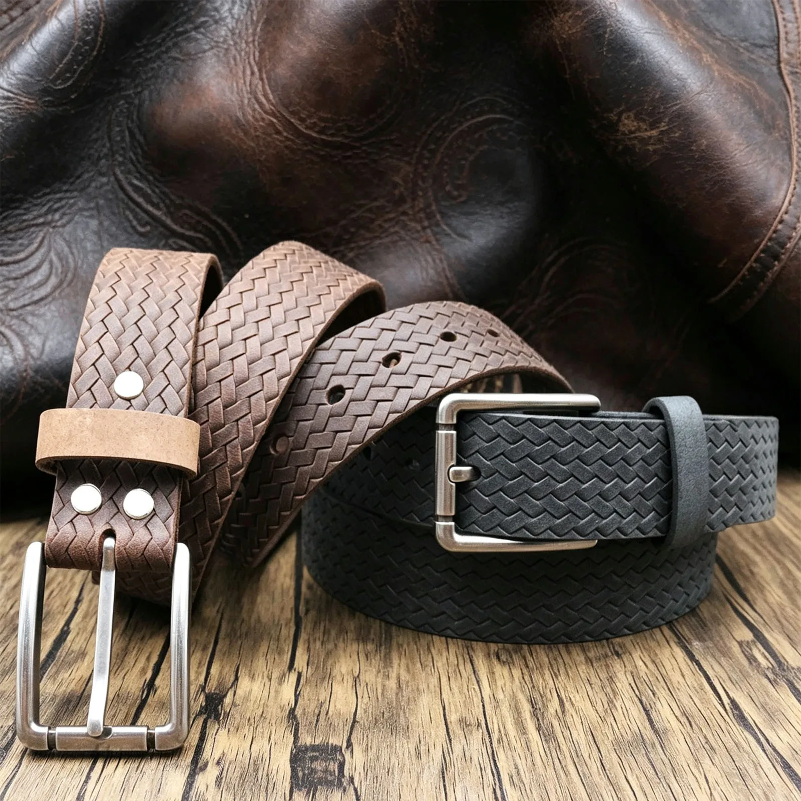 Men's Full Grain Cowhide Leather Belt, Woven Basket Embossed Genuine Leather Belt, Retro Pin Buckle Casual Jeans Waist Belt