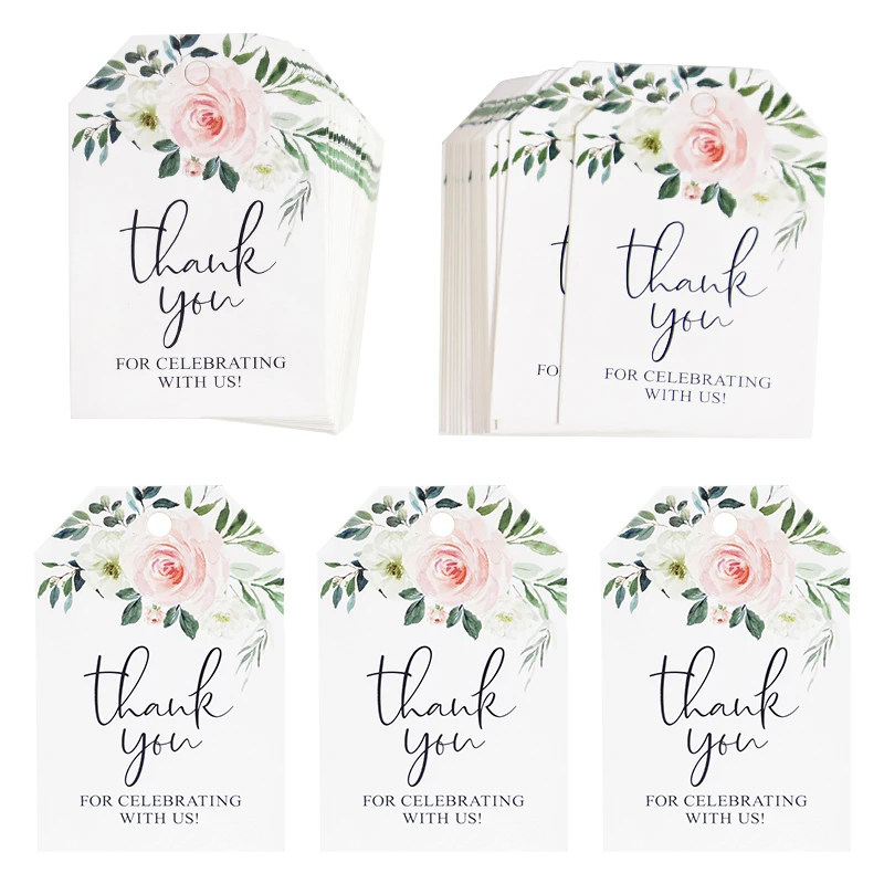 30/50pcs Thank You Gift Tag Green Leaves Floral Paper Card Hang Tags Wedding Birthday Party Water Bottle Wrapping Labels Sticker