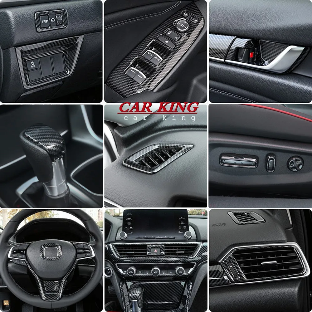 

For Honda Accord 2018-2021 Carbon Fiber Interior Window Lift Panel Dashboard Gear Head AC Air Handle Bowl Cover Trim Accessories