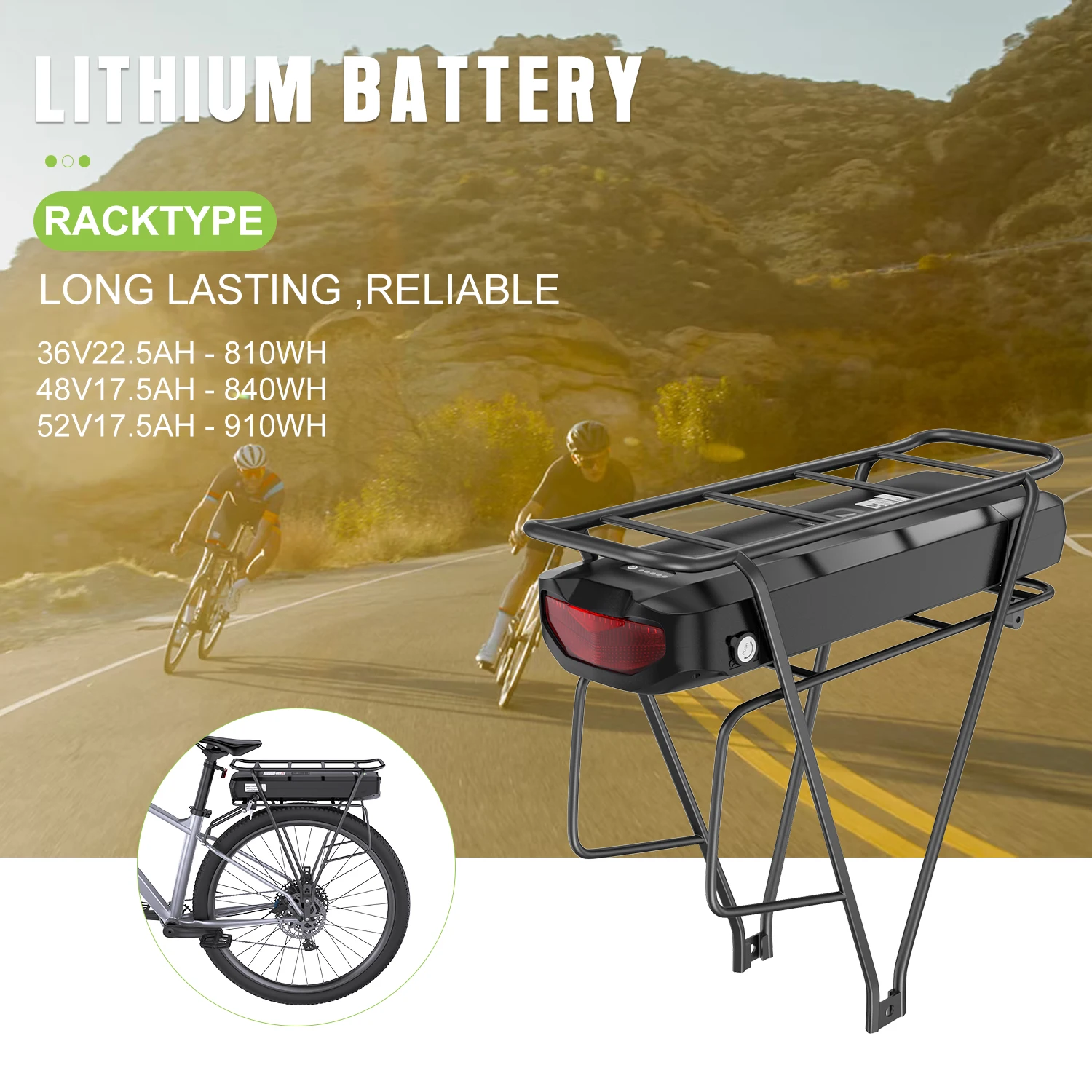 36V 48V 52V 電動自転車リアラックバッテリー 17.5Ah 20.8Ah 18650 