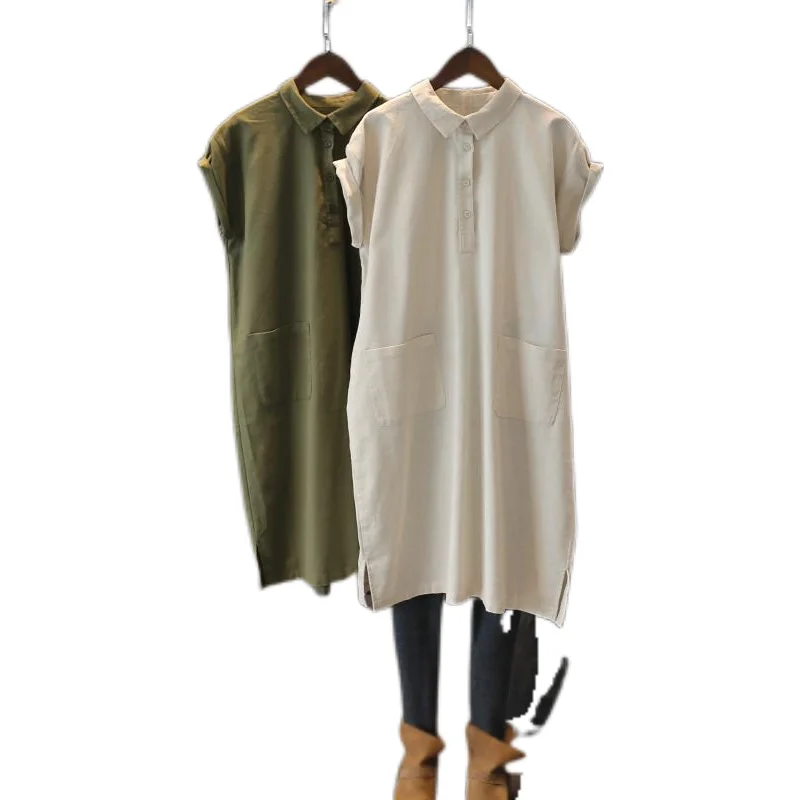 Women`s Cotton Linen Shirts Blouse Y2k Retro Long Shirts Casual Loose Pullovers French Style Oversized Short Sleeve Skirts Tops