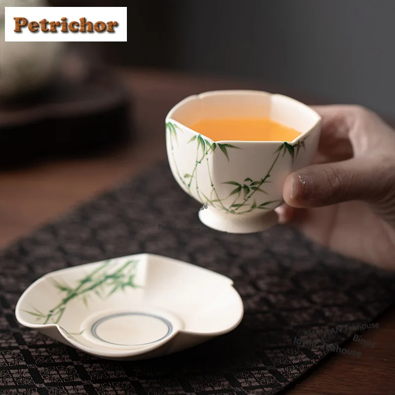 Hand-painted Bamboo Shadow Hexagonal Teacup Vintage Tea Bowl Jug Tea-tasting Meditation Cup Jianzhan Master Cups Cafes Coaster
