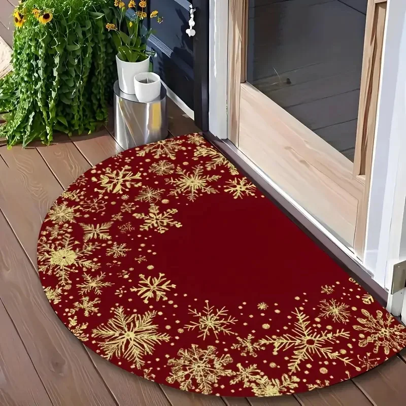 VIKAMA Semi‑Circle Christmas Doormat Golden Snowflake Print Non‑Slip Half Round Entrance Floor Mat Xmas Home Decor