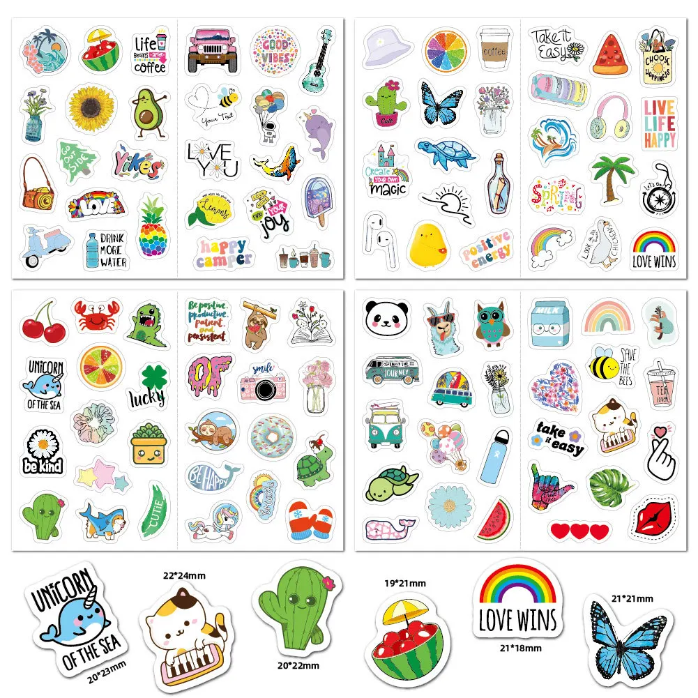 4 Sheets/Pack Cute Stickers 104 Patterns Mini PVC Waterproof Kawaii Cartoon Outdoor Luggage Laptop Decorative Stationery Sticker