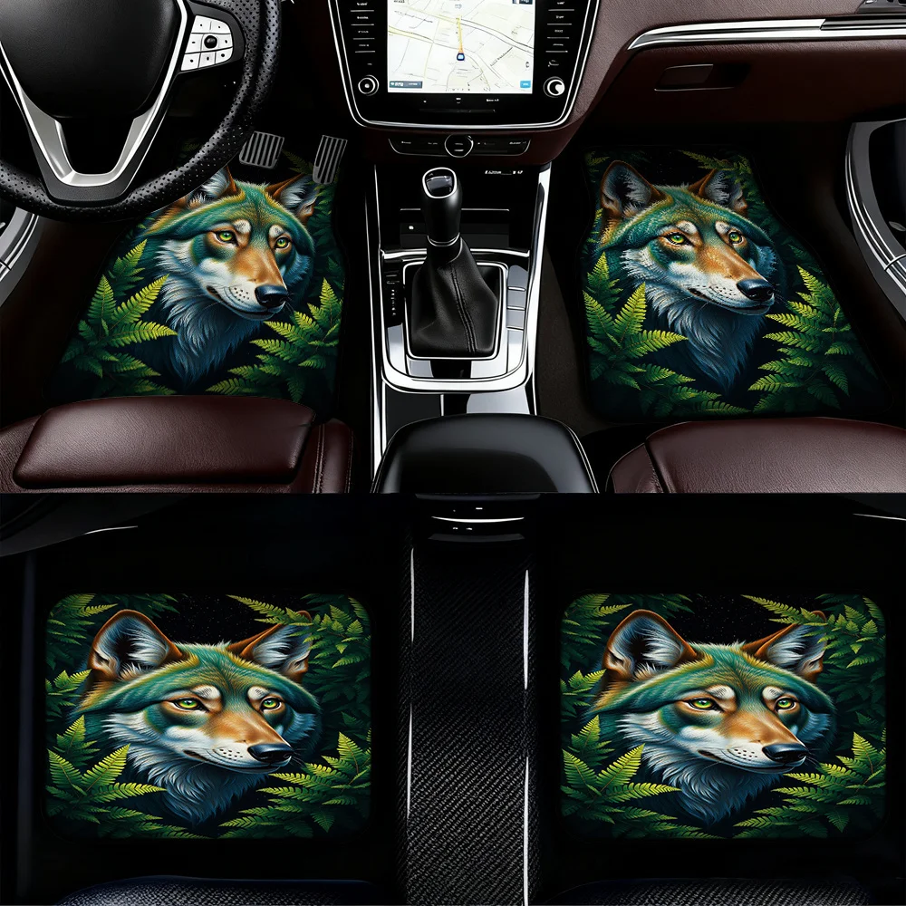 4pcs Vehicle Floor Mats Presenting Green Wolf Fern Forest Motif, Suitable For Minivans Or Crossovers, Offering Cleaning-Friendly