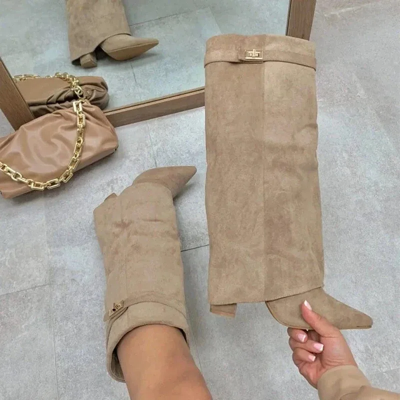 

Women's Fashion Boots Sharp Pointed Toe High Tubc Booties Metal Buckle Mid-Calf Large Size Thick Heel Pants Tube Booties