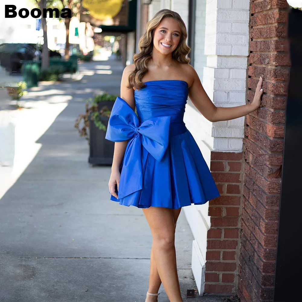 

Booma Blue A-Line Cokctail Dresses Strapless Pleat Mini Prom Dress with Bow Special Occasion Gown for Women Birthday Party Dress
