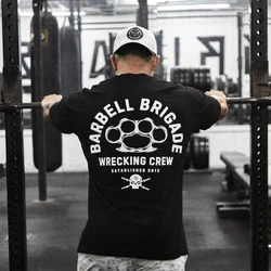 Barbell Skull Print Gym Shirt Men Cotton Homme Short Sleeve Running T Shirt Men Workout Training Sport Tees Tops Oveisize