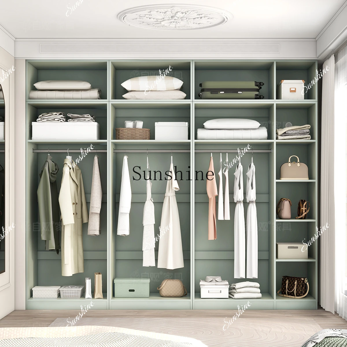 

Green to top cream style bedroom rattan wardrobe floor-to-ceiling French cloakroom hanging wardrobe FT