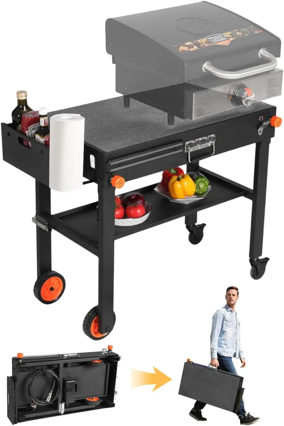 Outdoor Grill Table,BBQ Prep Table With Wheels And Seasoning Tray,Universal Grill Cart Fit 17 Inch Or 2