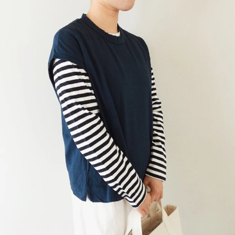 

Comfortable Bamboo Cotton ort Sve T-irt Classic Side Slit Loose Fit round Ne Striped Pattern Women's Faion Japanes...