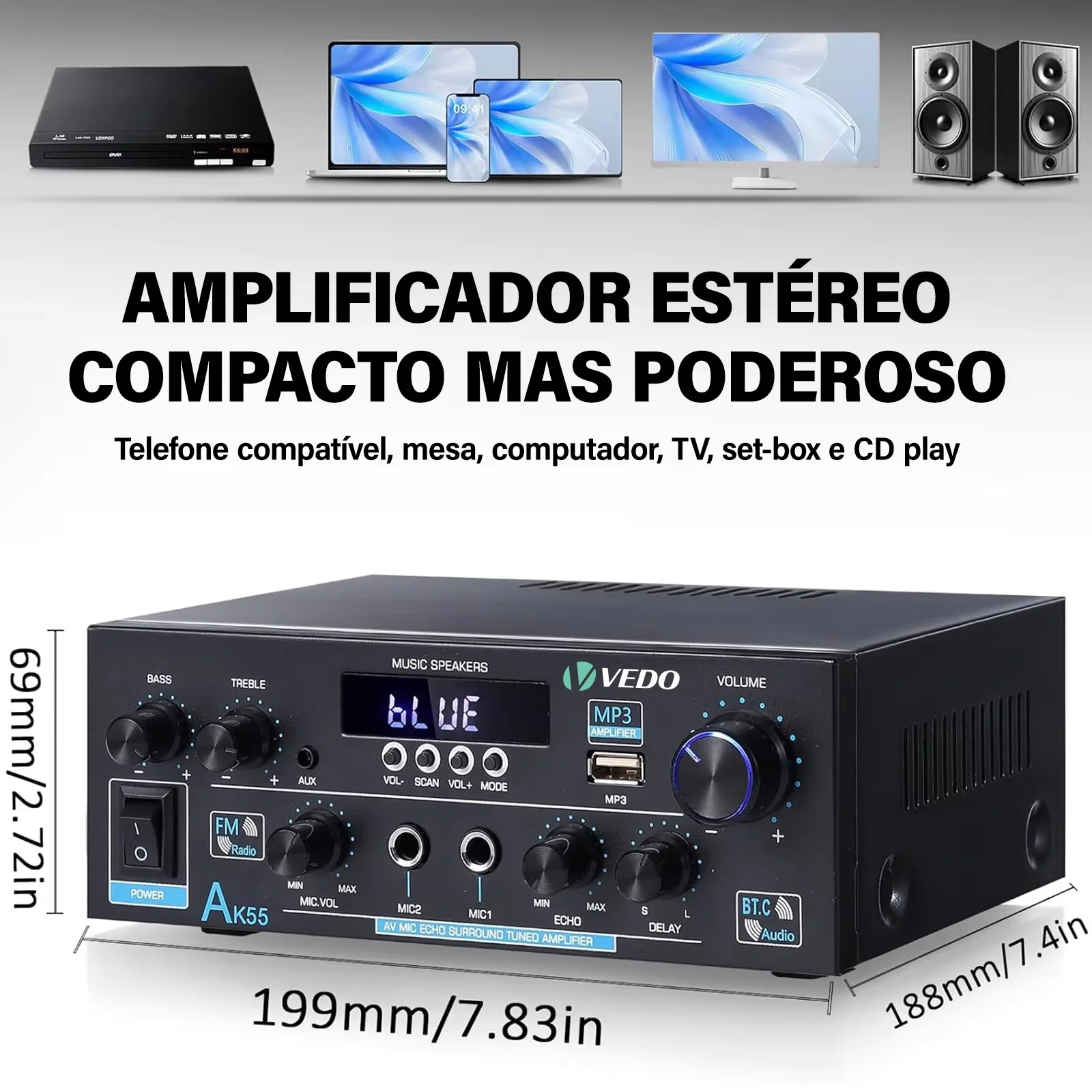 VEDO AK-55 بلوتوث 5.0 HiFi ستيريو مضخم الصوت الرقمي استقبال لمكبرات الصوت المنزلية (4-16Ω) نظام 600 واط ثنائي القناة الطاقة #4