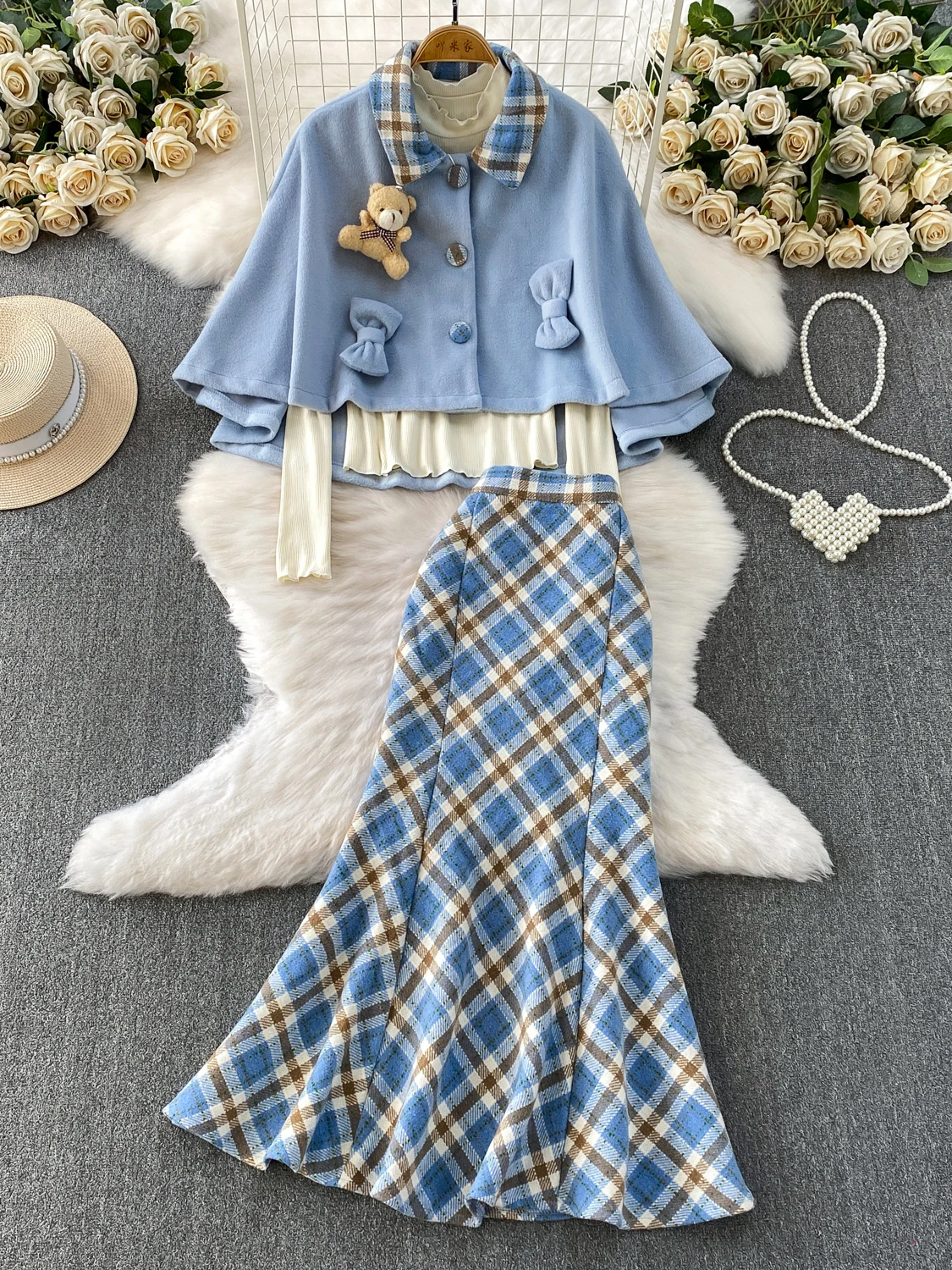 

College Style Sweet Bear Bow Tie Plaid Coat Base Shirt Midi Skirt Three Piece Set Warmth High Waist Button Closure