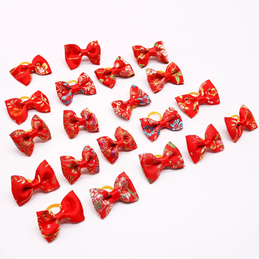 Pet Hair Bows Dog Hair Accessories Red Style Chinese New Year Hair Decor Rubber Band Puppy Hair Bows for Small Dogs Pet Supplies