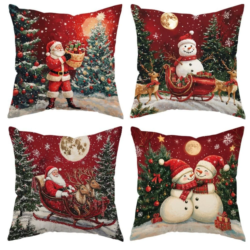 

4 Pieces Christmas Pillow Covers Polyester 18x18 Inches Santa Snowman Reindeer Prints for Home Holiday Decoration