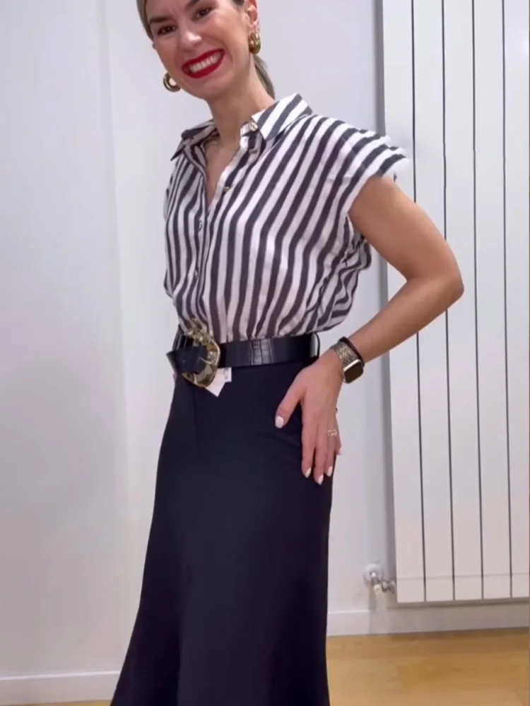 

Летнее женское модное платье HH без рукавов с отложным воротником, однобортное, для офиса, с молнией, в полоску, с поясом, с разрезом, миди