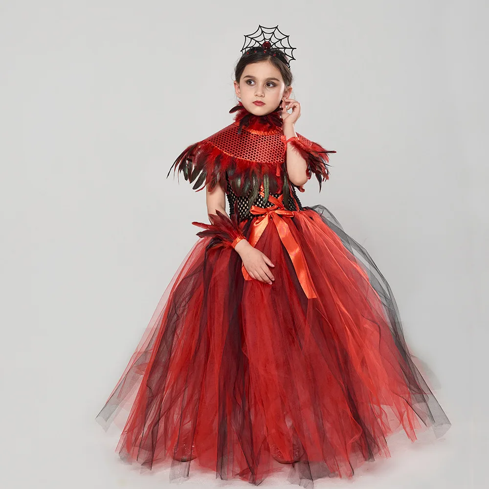 2025 Carnevale di Halloween Ragazze Cosplay Vampiro Strega Gotico Puffy Mesh Costume rosso Classico Horror Abbigliamento carino + Set di accessori