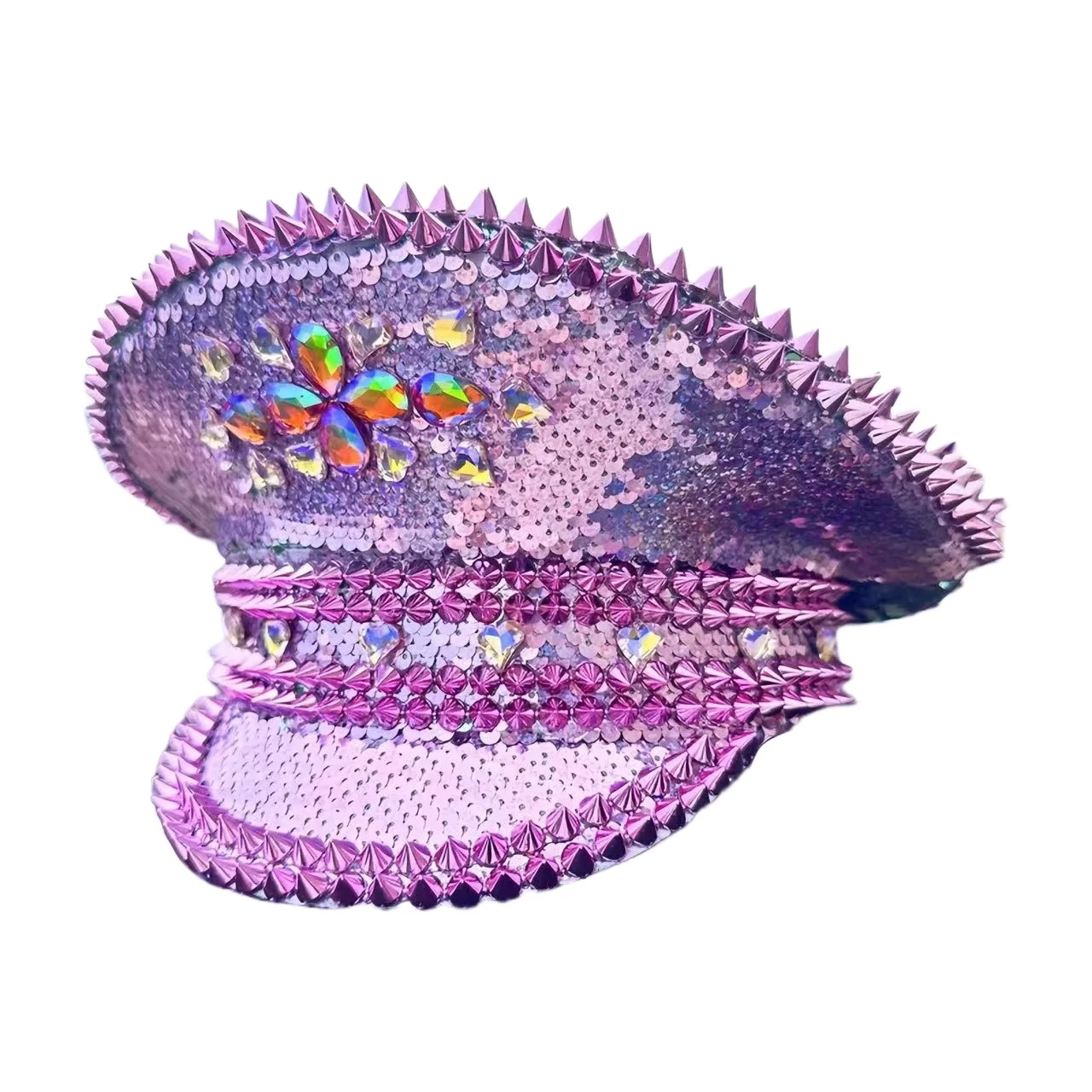 HongLuan gele laser lederen lus kapitein hoed strass & militaire petten voor dames, Rave Festivals accessoires & feestpet man