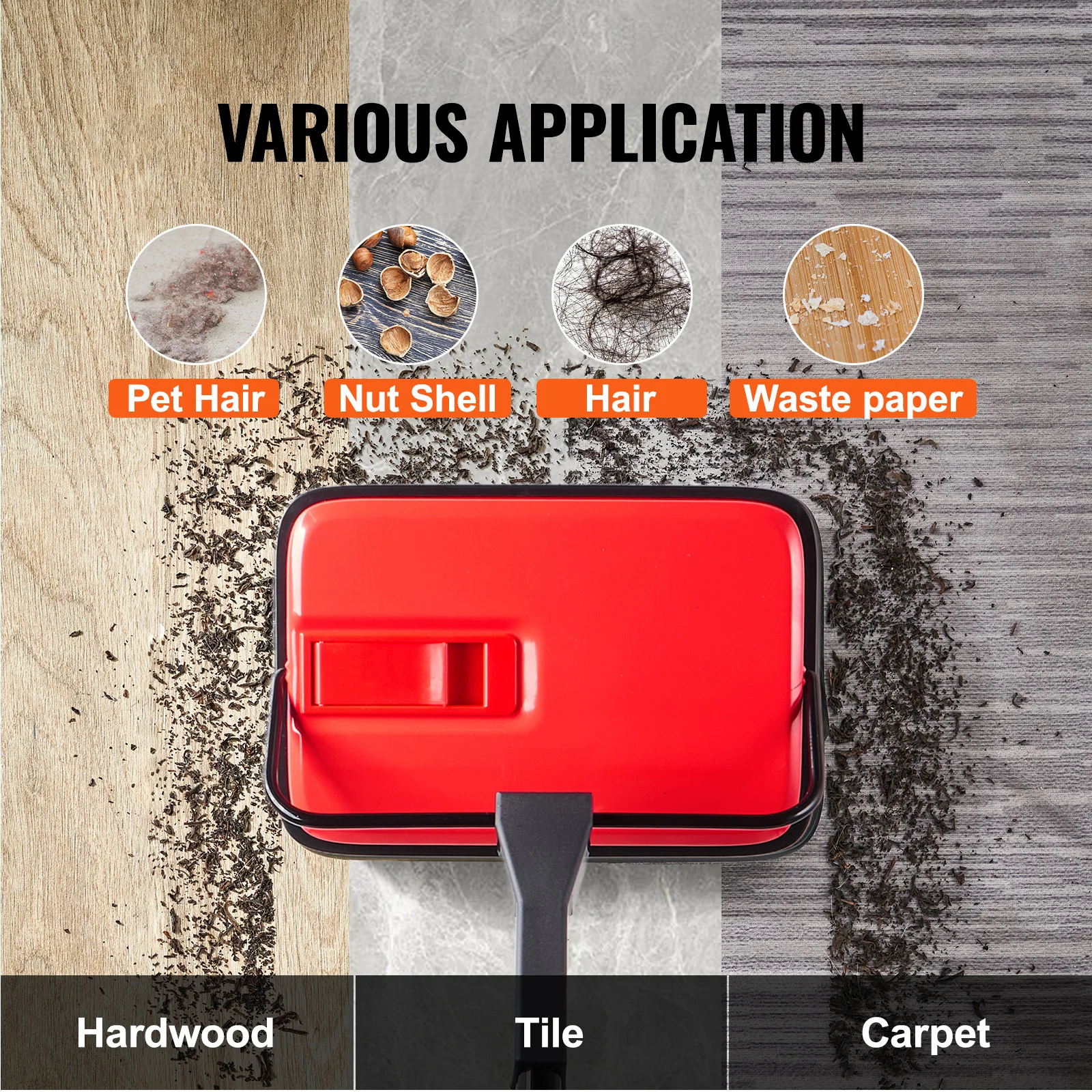 Carpet Sweeper Manual Floor Sweeper w/ 300ml Dustbin Capacity 6.7 in Cleaning Width for Home Office Carpets Pet Hair Dust