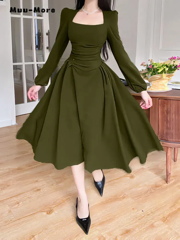 2024 Spring Vintage Long Sleeve Solid Color Midi Dresses Summer Women Elegant Classic Square Collar Office Lady Slim Fit Dress