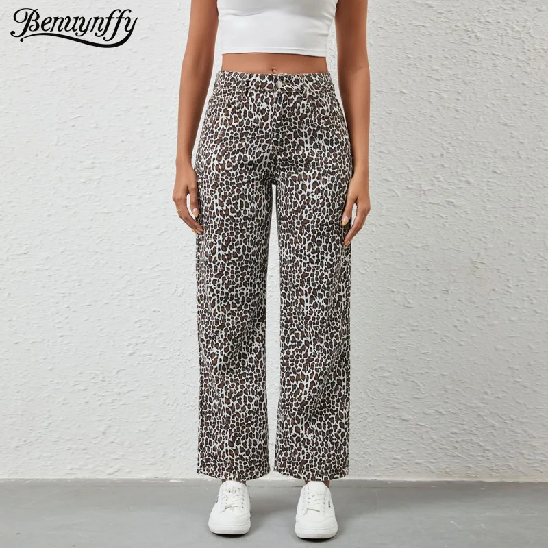 

Benuynffy Leopard Print Baggy Straight Leg Jeans Women's Spring Summer Y2K Streetwear Retro High Waisted Casual Denim Trousers