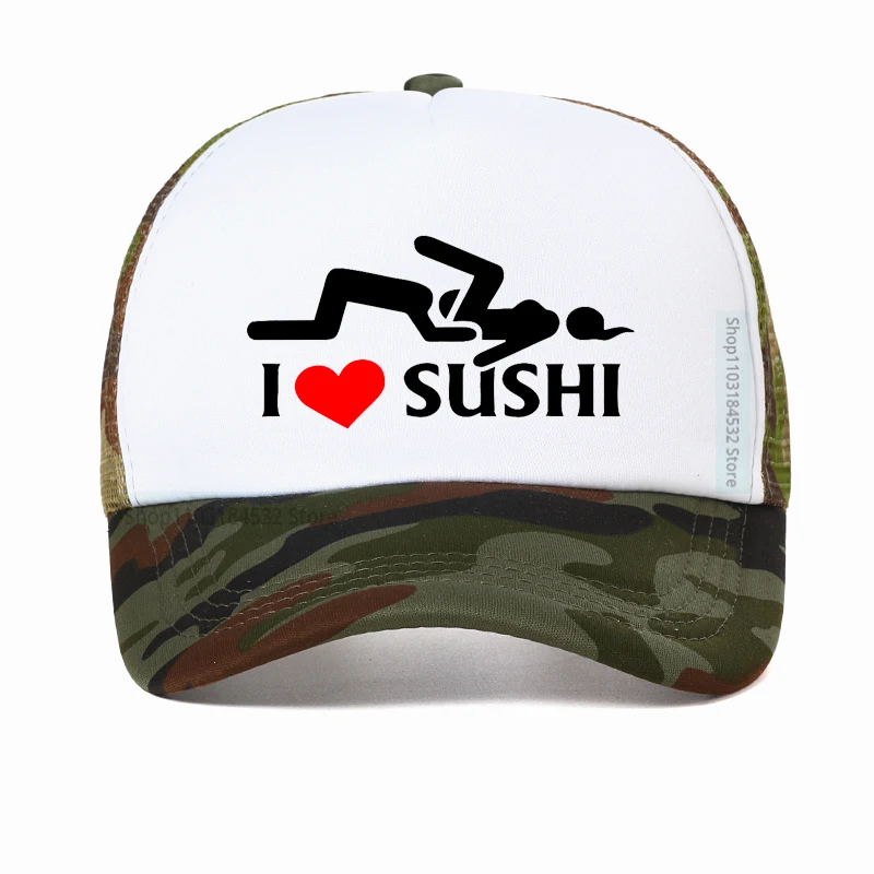 I Love Sushi Trucker Cap Men Funny Baseball Caps Cool Summer Unisex Mesh Breathable Snapback hats Casquette